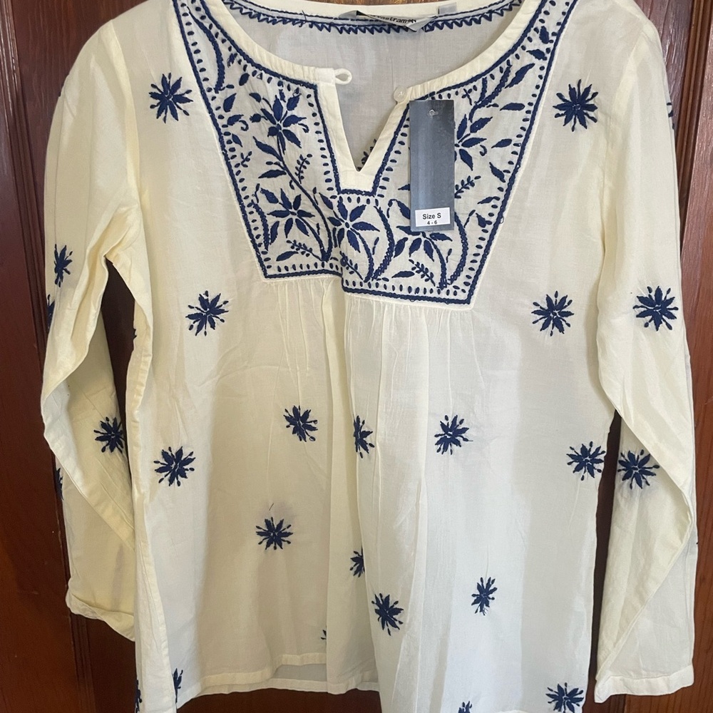 Elegant Cream and Blue Embroidered Tunic